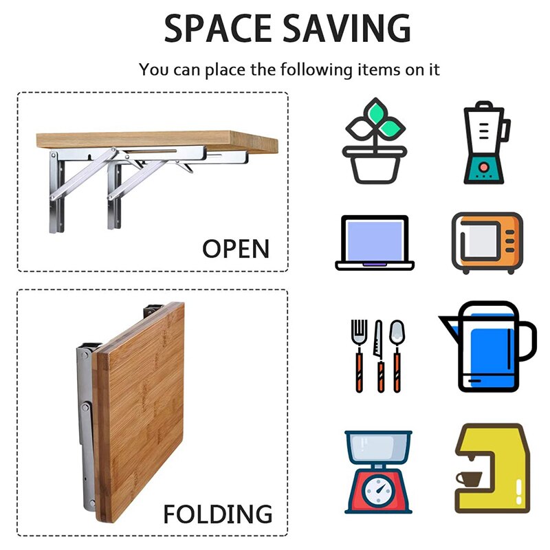 Folding Shelf Brackets, Heavy Duty Stainless Steel Foldable Wall Mount Shelf-Bracket, Suitable for DIY Various Space-Saving Work