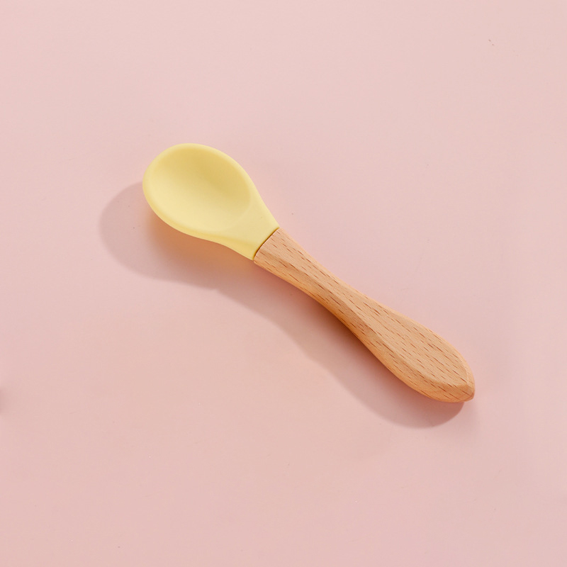 Feeding Wooden Handle Silicone Spoon For Baby Utensils Eat Soild Food Kids Training Manipulative Ability Children's Tableware: Yellow