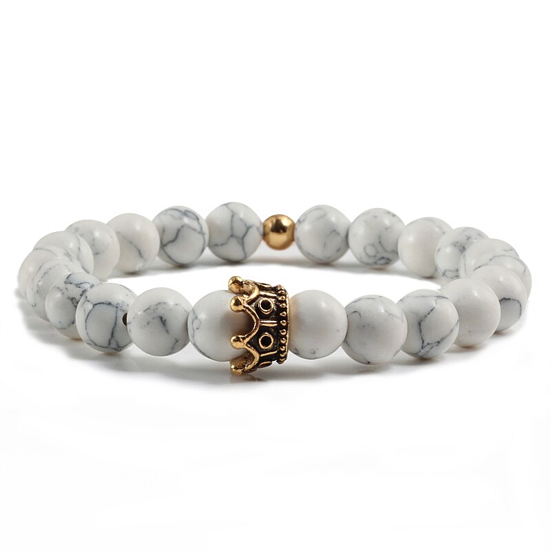 Heiße Neue Charme Krone Männer Armreifen Natürliche Stein Weiß Porzellan Perlen Armbänder Hand Zubehör Für Frauen Elastische Seil Hand Kette: Weiß