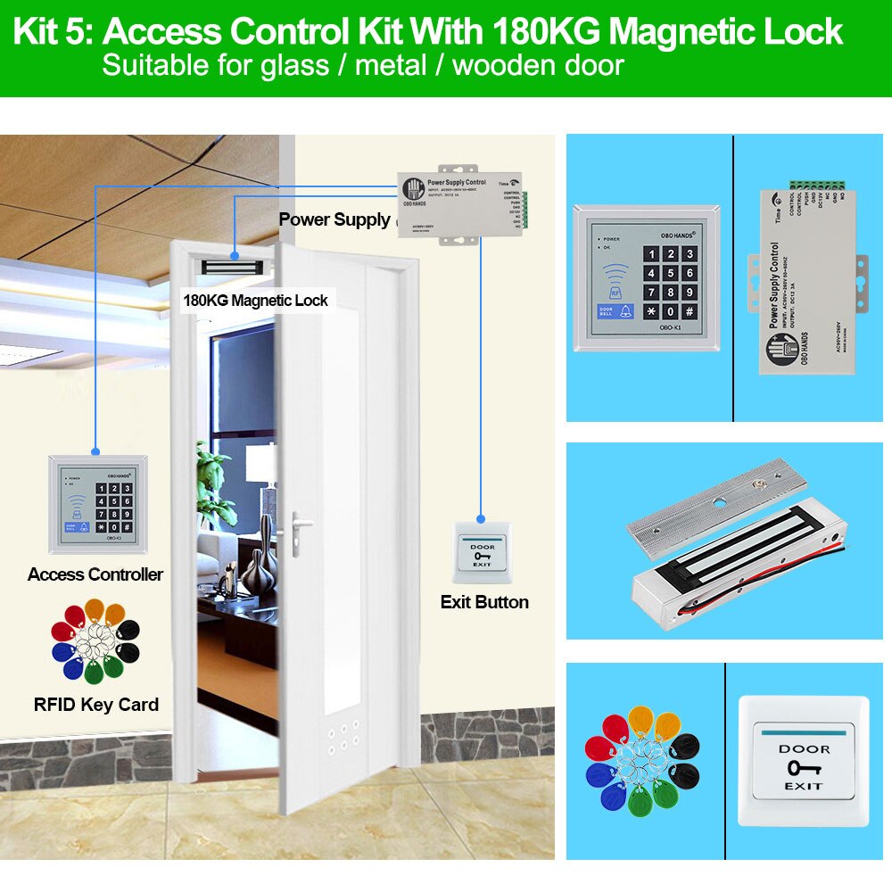 Deur Toegangscontrole Systeem Kits 125Khz Rfid Keypad DC12V Voeding Elektrische Magnetische Strike Lock Exit Voor Entry veilig: Kit 5