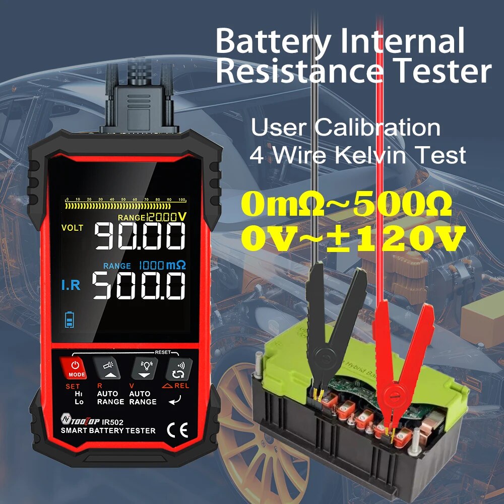 TOOLTOP IR502 ±120V 500Ω Battery Internal Resistance Tester 4-Wire Kelvin Test Lead-acid Lithium Nickel-cadmium Batteries Tool