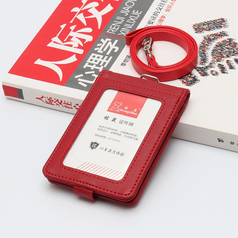 Pu læder dobbelt kort ærme id badge tilfælde klart bank kreditkort badge klip badge holder tilbehør id kortholder: Rød lanyard