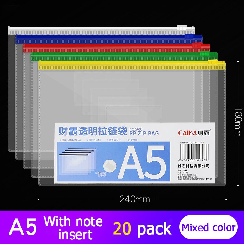 20Pcs Bestand Houder Transparant Plastic Informatie Tas A5 Rits Grote Capaciteit Boek Tas A4 Briefpapier Student Office Bestand Zak: A5 mixed color