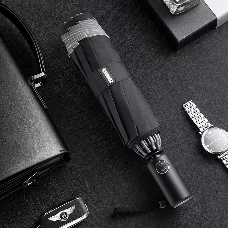 Automatische Vouwen Automatische Open Reverse Paraplu Mannelijke Sunny Regen Sterk Reflecterende Anti-Wind Paraplu Met Led: Black