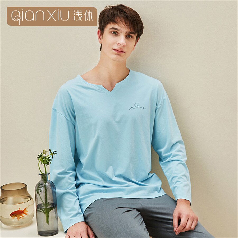 Sleepwear Male Spring Autumn Cotton Bamboo Fiber Men Pajamas Set Casual Long Sleeve + Long Pants 2 Pieces Men's Pajama Pullover