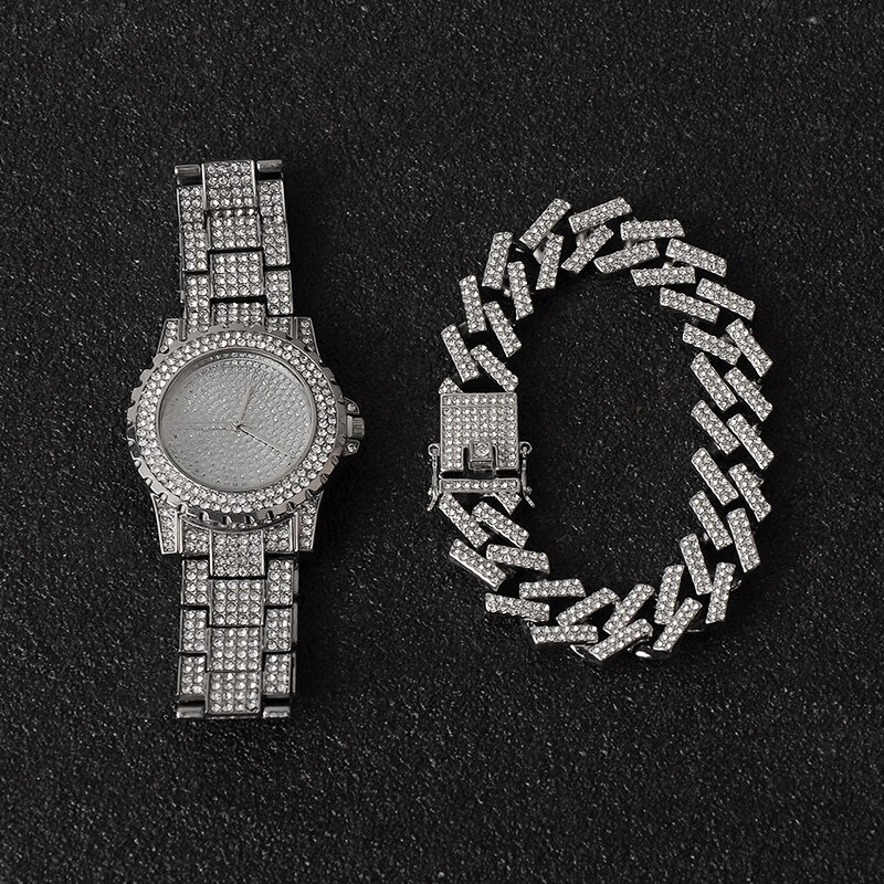 Hüfte hüpfen Halskette + Uhr + Armbinde Bling vereist aus Miami Zirkon Kubanischen Zinke Gepflasterte Strass Armbinde Halskette Für Männer schmuck: Silber- Uhr Braclet