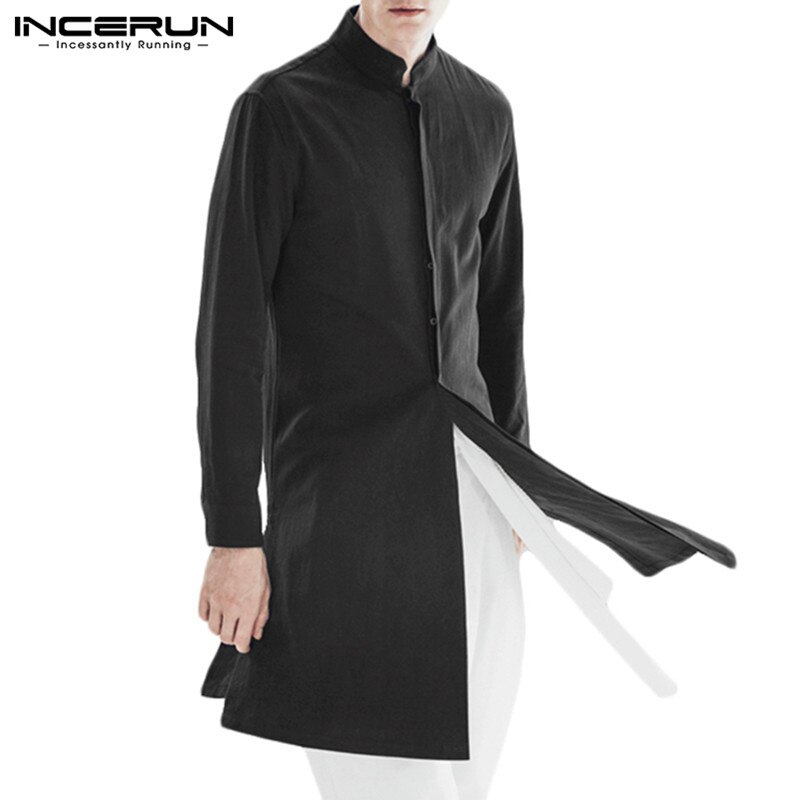INCERUN Men Shirt Long Sleeve Stand Collar Cotton Vintage Top Men Solid Indian Style Casual Streetwear Men Long Shirt Hombre 5XL: Black / XL