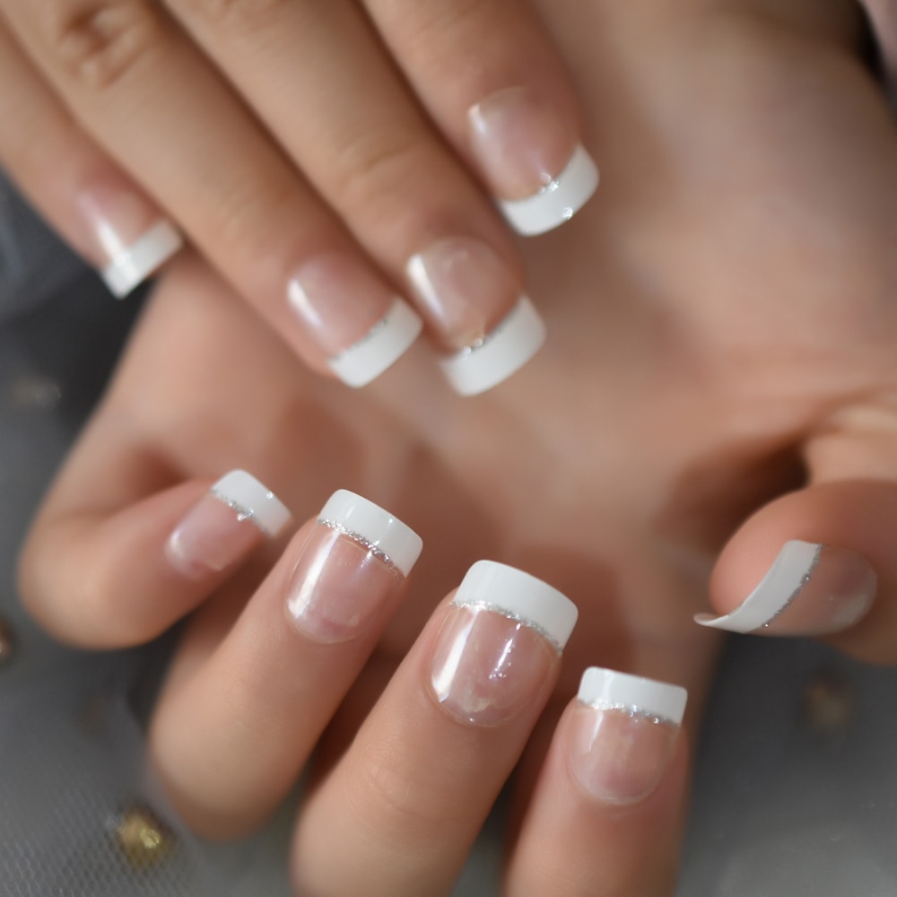 Kids White French Nails Silver Smile Line Decorative Nail Art Tips Girl False Nails Small Size Student's