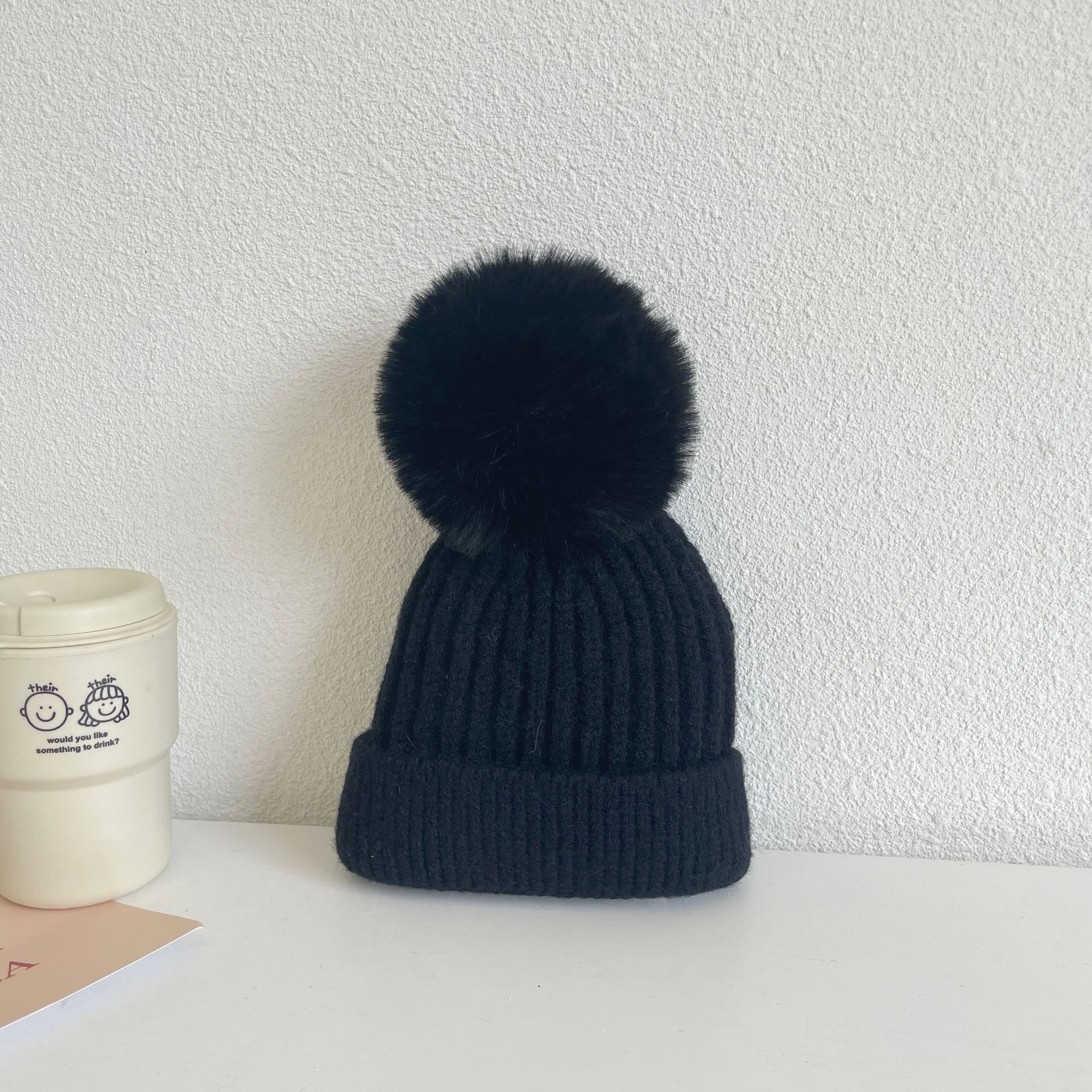 baby jente lue søt pompong baby lokk lue høst vinter varm strikket låve jente luer fast hårball strikk låve caps panser: Svart