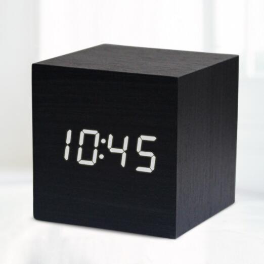 Digitale Thermometer Houten Wekker Alarm Datum Bureauklok Tafel USB Opladen Korte Voice-activated Elektronische Home Decor: black white