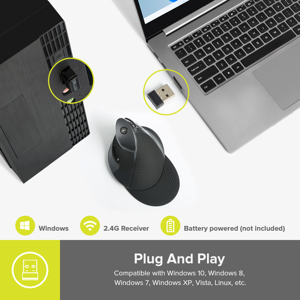 Delux M618GX Weiße ergonomische vertikale Maus, 6 Tasten, kabellose 2,4-GHz-Mäbenutzen, geeignet für PC und Laptop