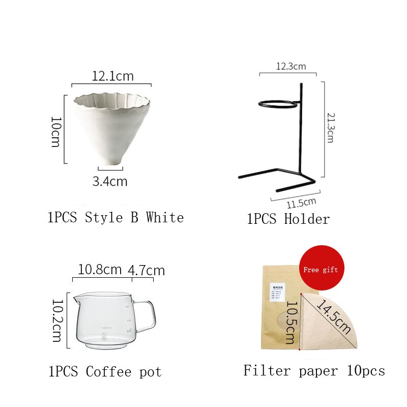 Hand Brew Coffee Brewer Set Pour over Coffee V60 Dripper Glass Coffee Pot Hand Drip Brewer Stand With Coffee Filter Paper Cup: White B Set