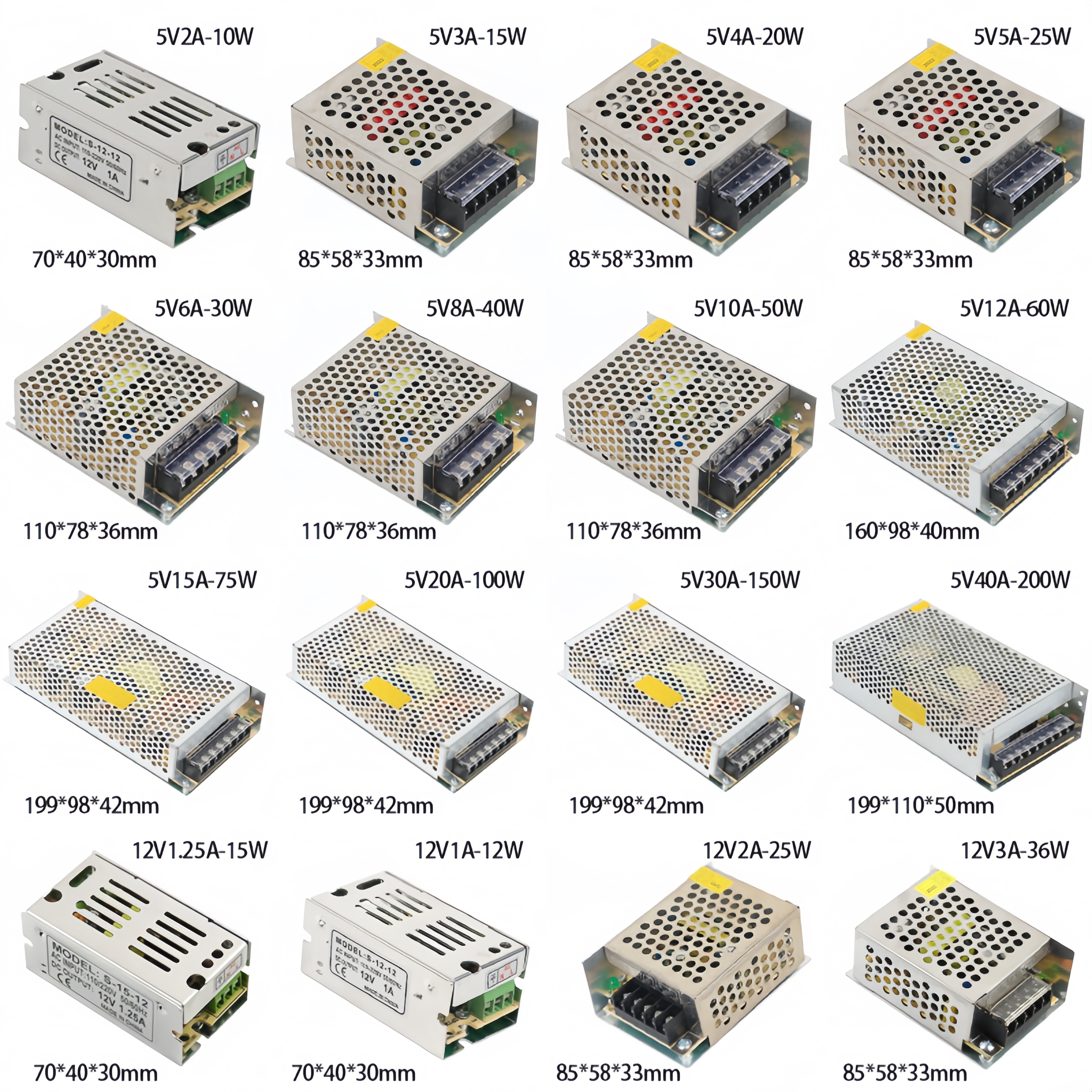 Schaltnetzteil 110V/220V AC DC 5V 12V 24V 36V 48V 1A 2A 3A 4A 5A 6A 8A 10A 11A 12A 15A 16A 20A LED-Beleuchtungstransformator