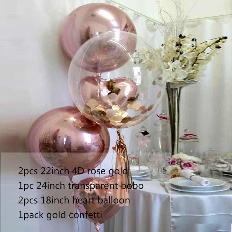 5 stk / parti 18 inchrose guld 4d og hjerteballoner boble med guldkonfetti bryllupsfødselsdag fest dekoration helium forsyninger: 1 sæt