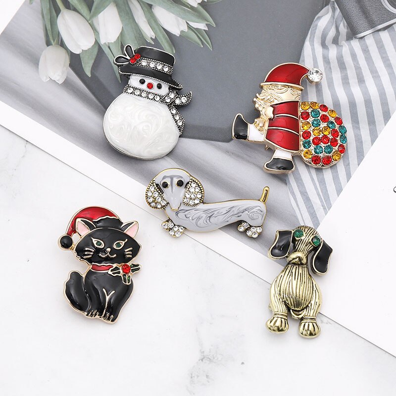 Juleår snemand julemand hund broche badges med rhinsten corsage banket pins fest dekorationer badge 1pc