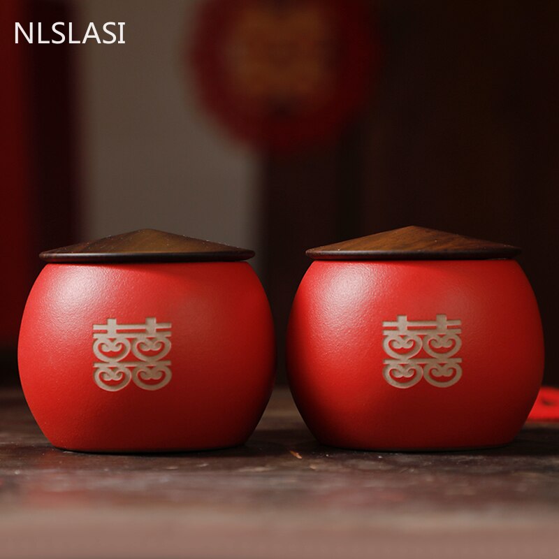 Chinese Red Ceramics Tea Caddy Travel Tea Bag Storage Box Sealed Tea Jar Coffee Canister Kitchen Spice Containers Wedding