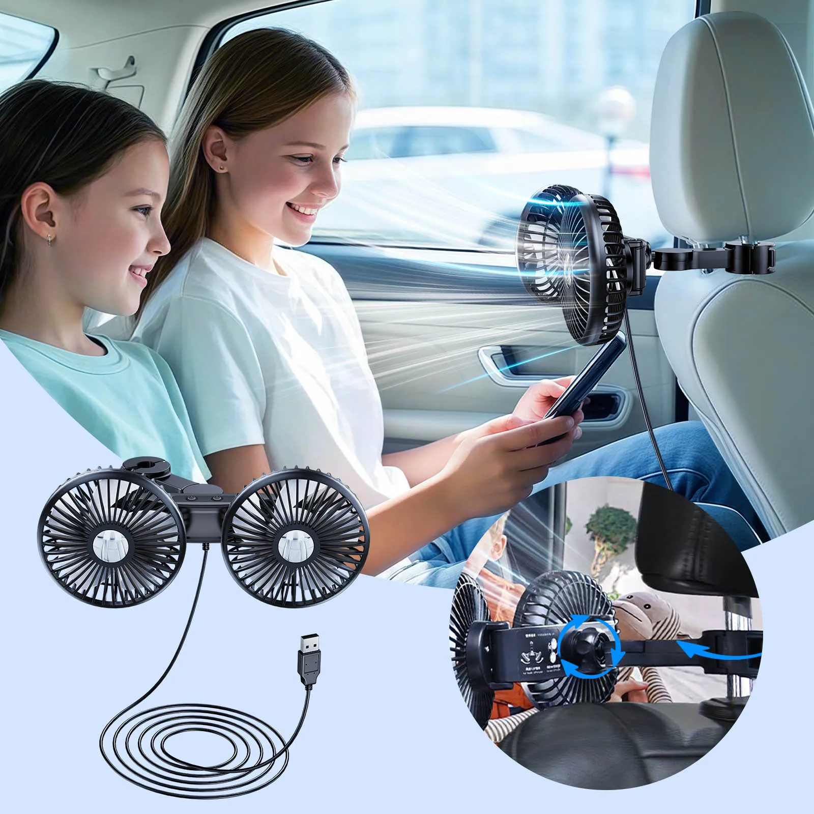 Eary Dual Head Fan Car Backseat Cooling Fan Summer Car Accessories 360° Rotation Cooler Car USB Charge Air Condition Cold Fans