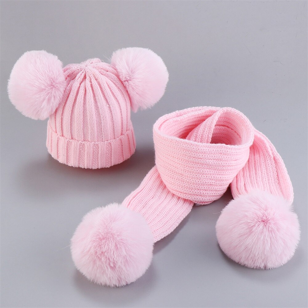 Cute Baby Hat Scarf Suit Autumn Winter Infant Poms Boy Girl Hat Scarf Set Fur Ball Caps Kids Soft Warm Knitted Hats Beanies: Pink Hat Scarf Set