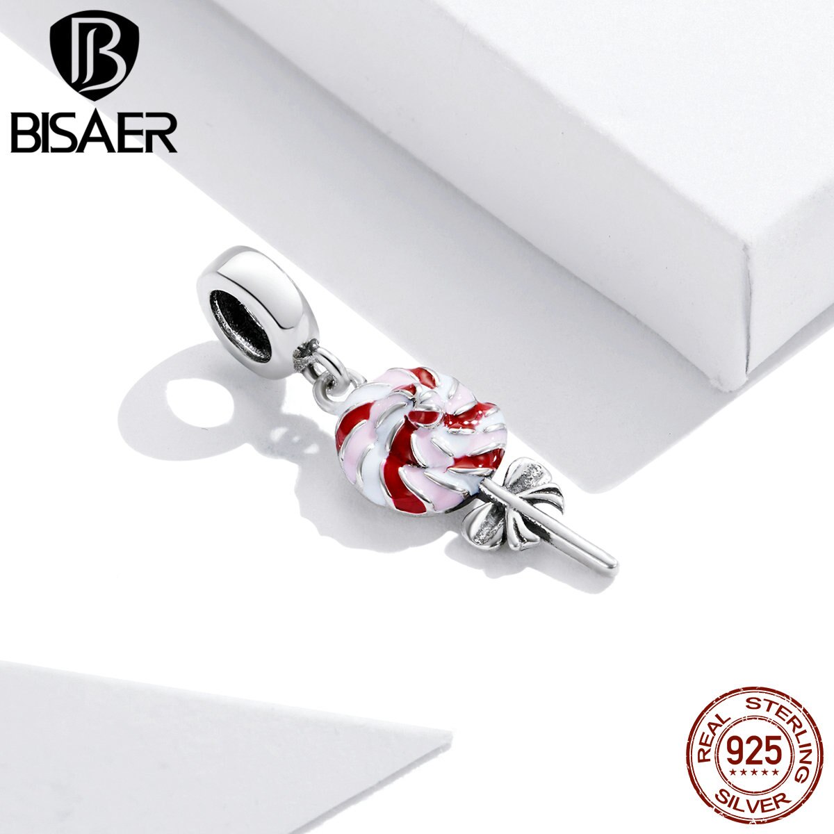 Bisaer lolly bedels 925 sterling zilveren roze emaille snoep kralen hanger voor originele armbanden kettingen sieraden ecc 1491