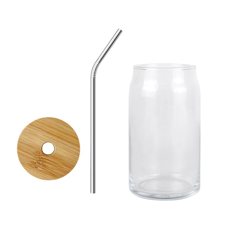 Transparent Can shape Glass Cups with Bamboo lid and straw Ice Coffee cup Glass tumblers High boron Beer Can glass Drinkware: clear with lid / 480ML