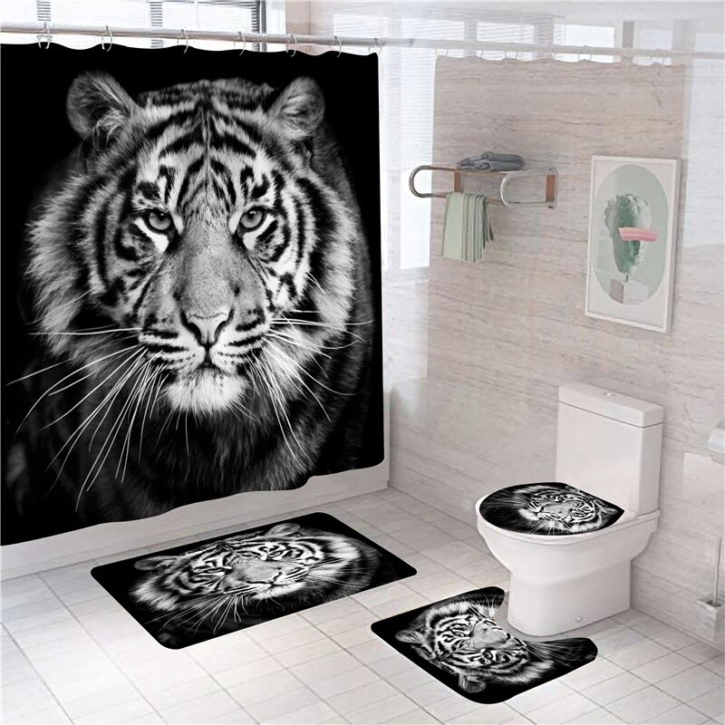 Ensemble de rideau de douche avec tapis, motif animaux, tigre, Lion, imperméable, écran de bain, antidérapant, couvercle de toilette, décor de salle de bain: 4 PCS Full Set - D