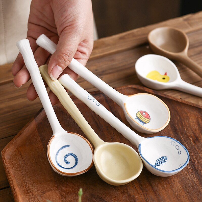Japanese-style small soup spoon household hand-painted ceramic tableware spoon dessert spoon 1PC