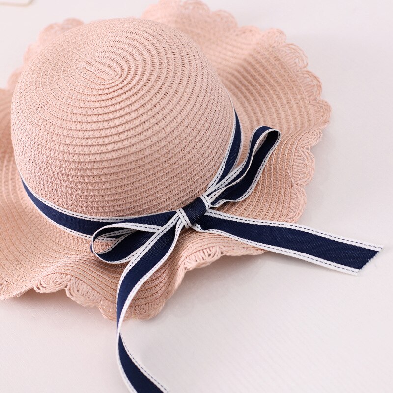 REYI001 summer kids girl casual straw hat Baby children Breathable Floppy large brim ribbon bowknot sun hat panama gorros