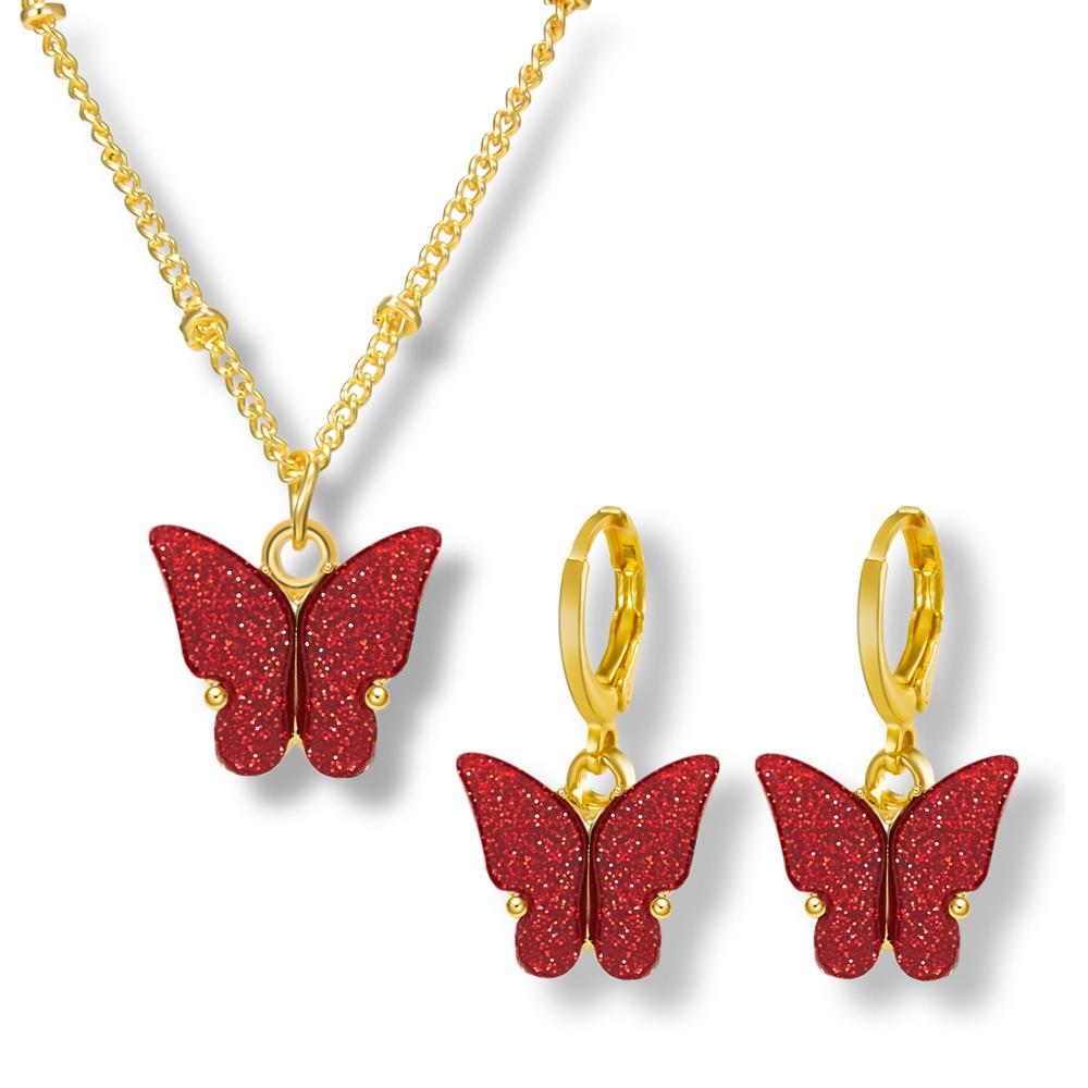 Ensemble de bijoux pendentif papillon en acrylique, scintillant, adorable ensemble de boucles d'oreilles et collier, de Style japonais et sud-coréen: red