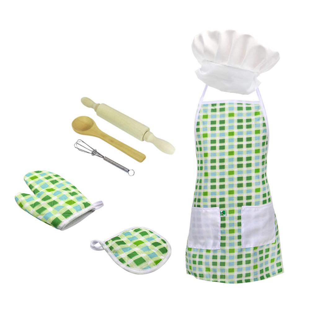 12pc børn madlavning og bagning sæt køkken deluxe kok sæt kostume foregiver rollespil kit forklæde hat dragt til 3 år gamle børn: Grøn