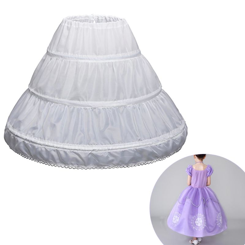 White Children Petticoat A-Line 3 Hoops One Layer Kids Lace Trim Flower Girl Dress Underskirt Elastic Waist Drawstring Half Slip