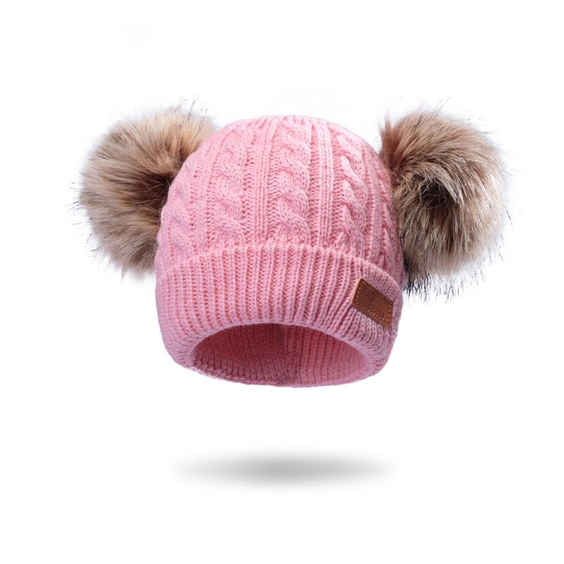 Pompom Fur Baby Knitted Beanie Hats Solid Color Baby Bonnet Hat Child Winter Boy Girl Thicken Warm Cap: Skin powder