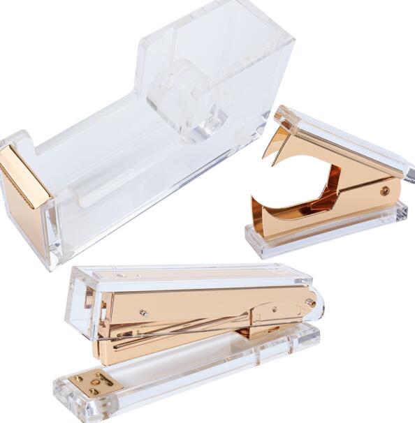 Acrylic Gold Stapler Bundle: 1) Stapler 1) Staple Remover 1)Tape Dispenser - Desktop Stationery Series: yellow gold3pcs set