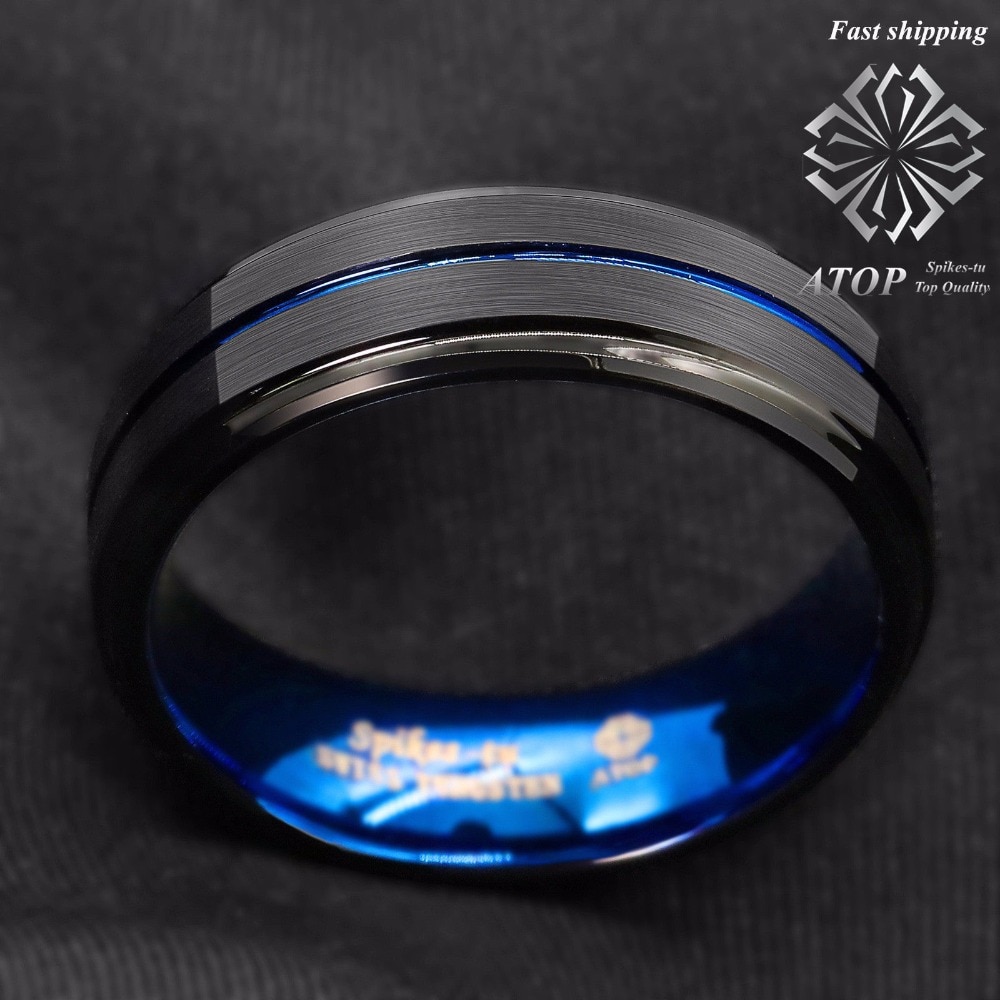 8mm zwarte geborstelde ladderrand wolfraam ringen met blauwe streep bovenop heren trouwring