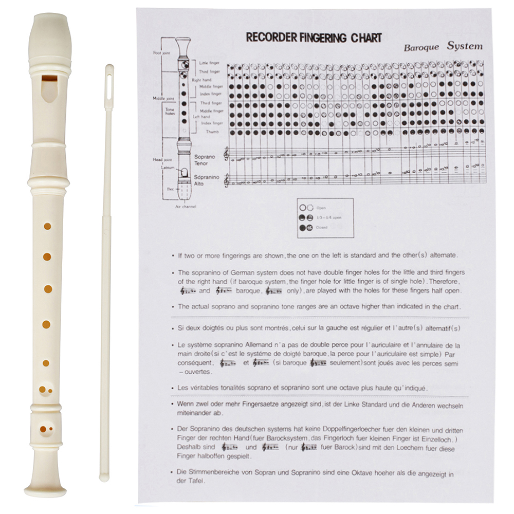 Abs sopran descant recorder klarinet 8 huller tysk stil c nøgletilbehør med fingering diagram rengøringspind til børn begyndere: Beige
