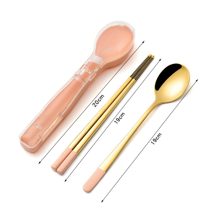 304 Stainless Steel Chopsticks Spoon fork Set Cutlery Set Flatware Set Tableware Soup Spoon Portable Cultery With Box: Pink gold-2PCS