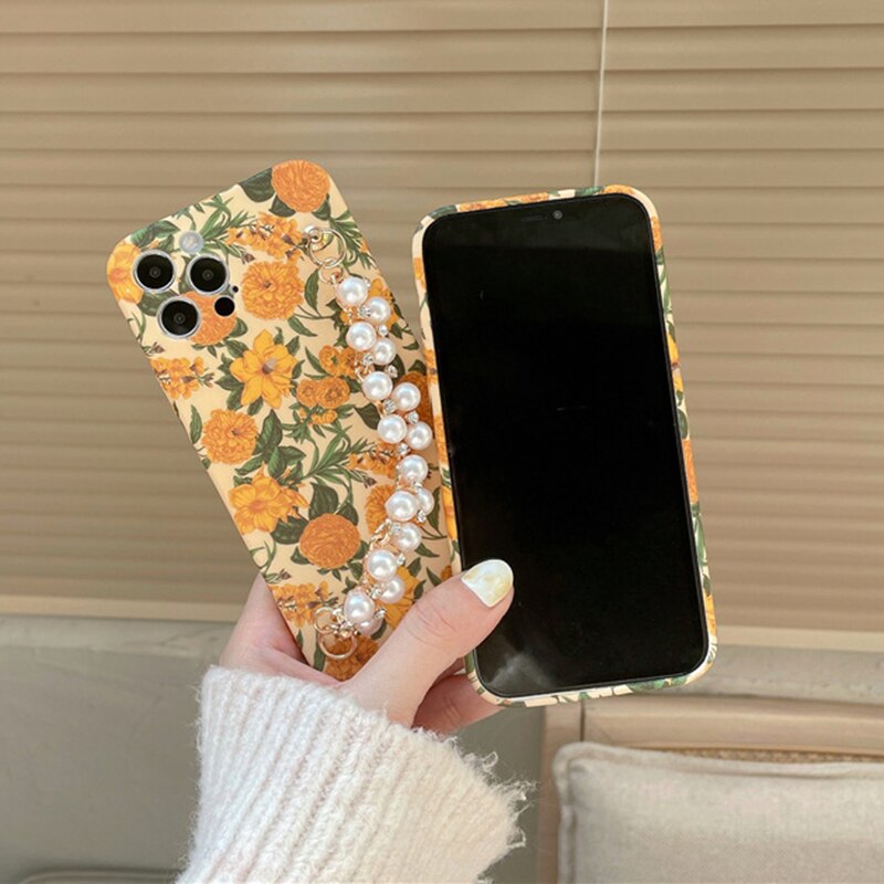 Lovecom Vintage Gele Bloem Parel Strass Pols Chain Strap Case Voor Iphone 11 12 Pro Max Xs Max 7 8 plus Soft Cover