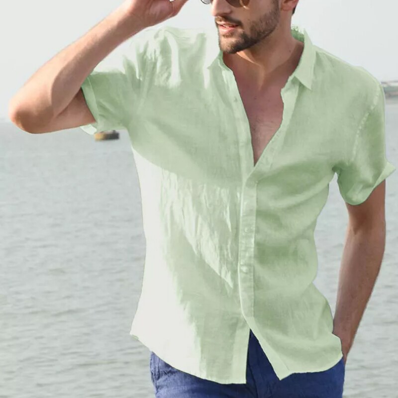 Herren lässig Kurzarmhemden Freizeit Straße tragen Revers Taste-Nieder Einfarbige Hemden für Männer Jahrgang Urlaubsbluse M-3XL