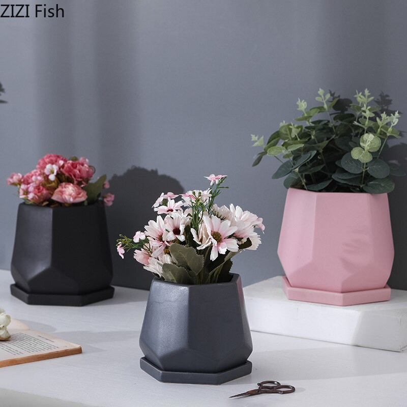 Keramik Blumentopf Geometrische Hexagon Amerikanischen Schreibtisch drinnen und draussen Topf Fleischigen Grünen Dill Rose Topf mit Tablett Heimat Dekor