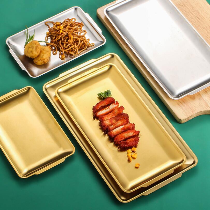 Rectangular Dinner Plate Golden Tray Barbecue Dish Snack Fruit Pan 304 Stainless Steel