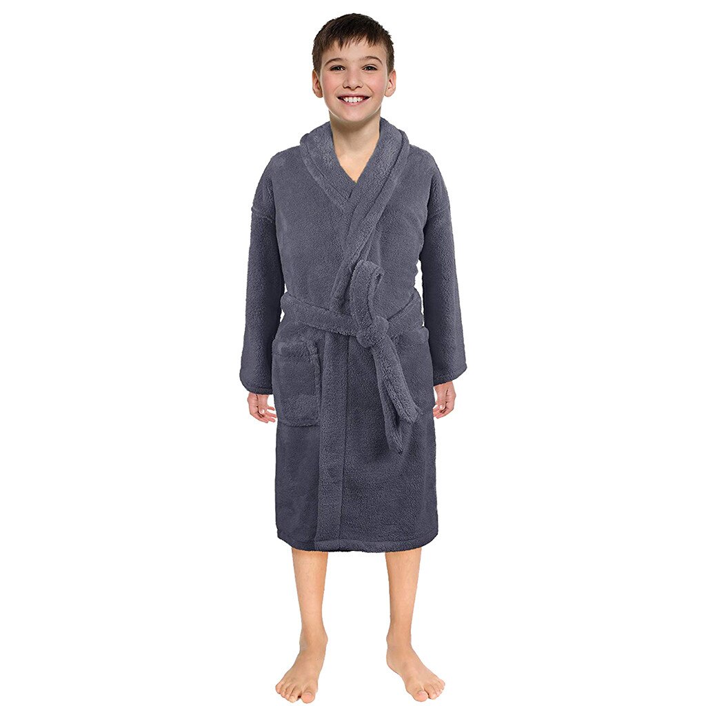 Albornoz de franela Lisa para niños y niñas pequeños, ropa de dormir con bata de noche, de manga, para el hogar y la sala de estar: Negro / 5