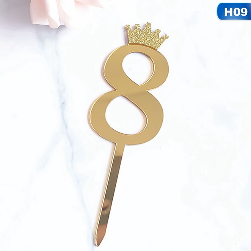 0-9 Numbers Cake Toppers Happy Birthday Cute Crown Number Cake Flag Acrylic Cupcake Topper Birthday Party Cake Decoration Topper: 09