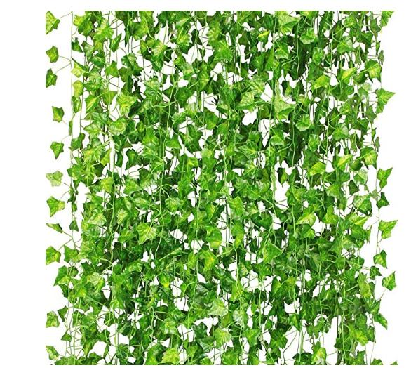 12 x kunstige planter af falske blomster vedbend hængende krans til bryllupsfesten hjemme bar have væg dekoration: C -36 stk-grøn