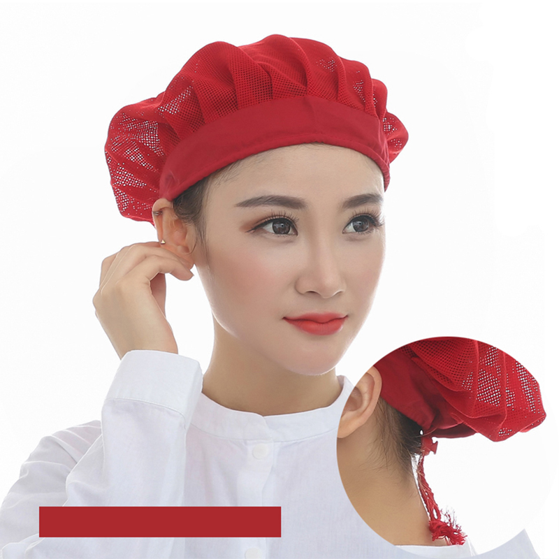 Chapeau de chef de cantine pour hommes et femmes, en maille respirante, casquettes alimentaires rouges, filet ajustable, casquette anti-poussière sanitaire respirante
