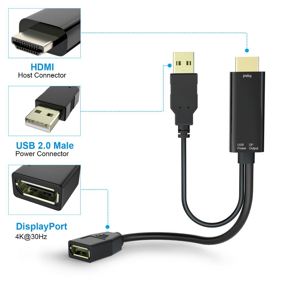 HDMI to DisplayPort Adapter Cable - 4K UHD 3840x2160 - 15cm - USB 2.0 Power - for PC Monitor TV Projector