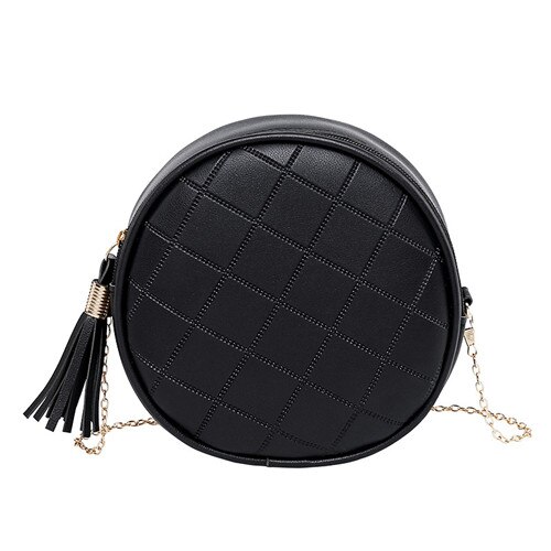 Women Bag Mini Handbag Solid PU Leather Messenger Bag Ladies Mini Circular Crossbody Bag with Tassel Bolsas Feminina: Black