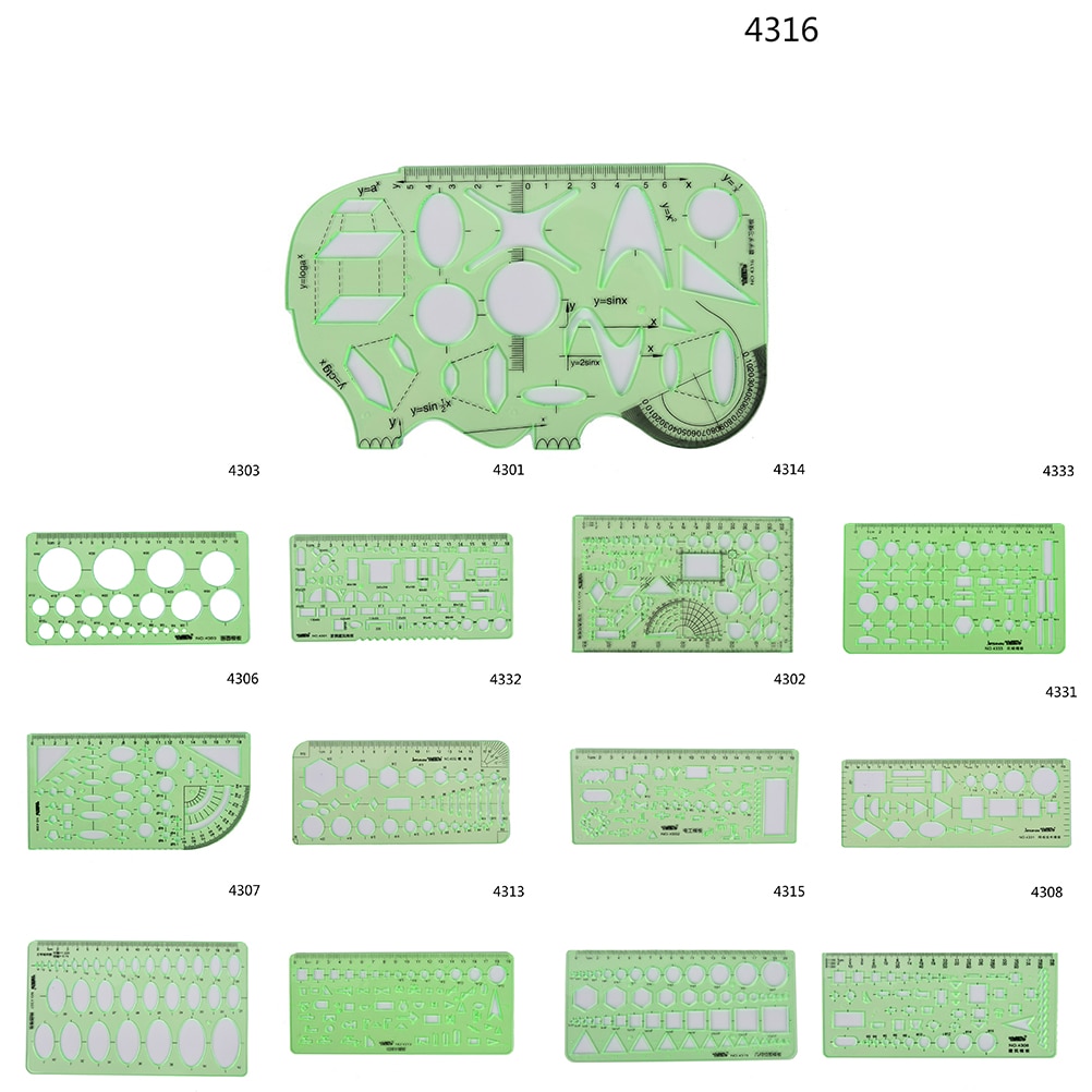 Regla de herramientas de medición de papelería de laboratorio de plástico verde, regla de diez tipos de plantillas, regla de geometría, regla de plantilla de dibujo, suministros escolares 1 unidad
