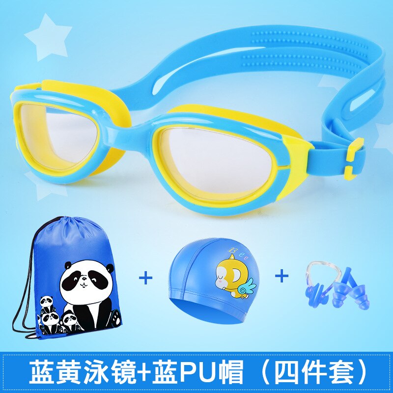 Childrens Swimming Goggles Womens Big Box Naples Eye Water Fog High-Definition Boys Goggle Cap Outfit Kid Swim /30: Blue and Yellow Goggles Four piece Set