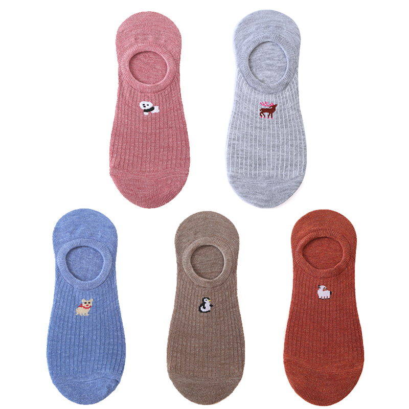 5 pares de 10 piezas calcetines de de primavera calcetines de algodón con bordado de animales de dibujos animados para mujer calcetines tobilleros divertidos deportivos informales: Plata
