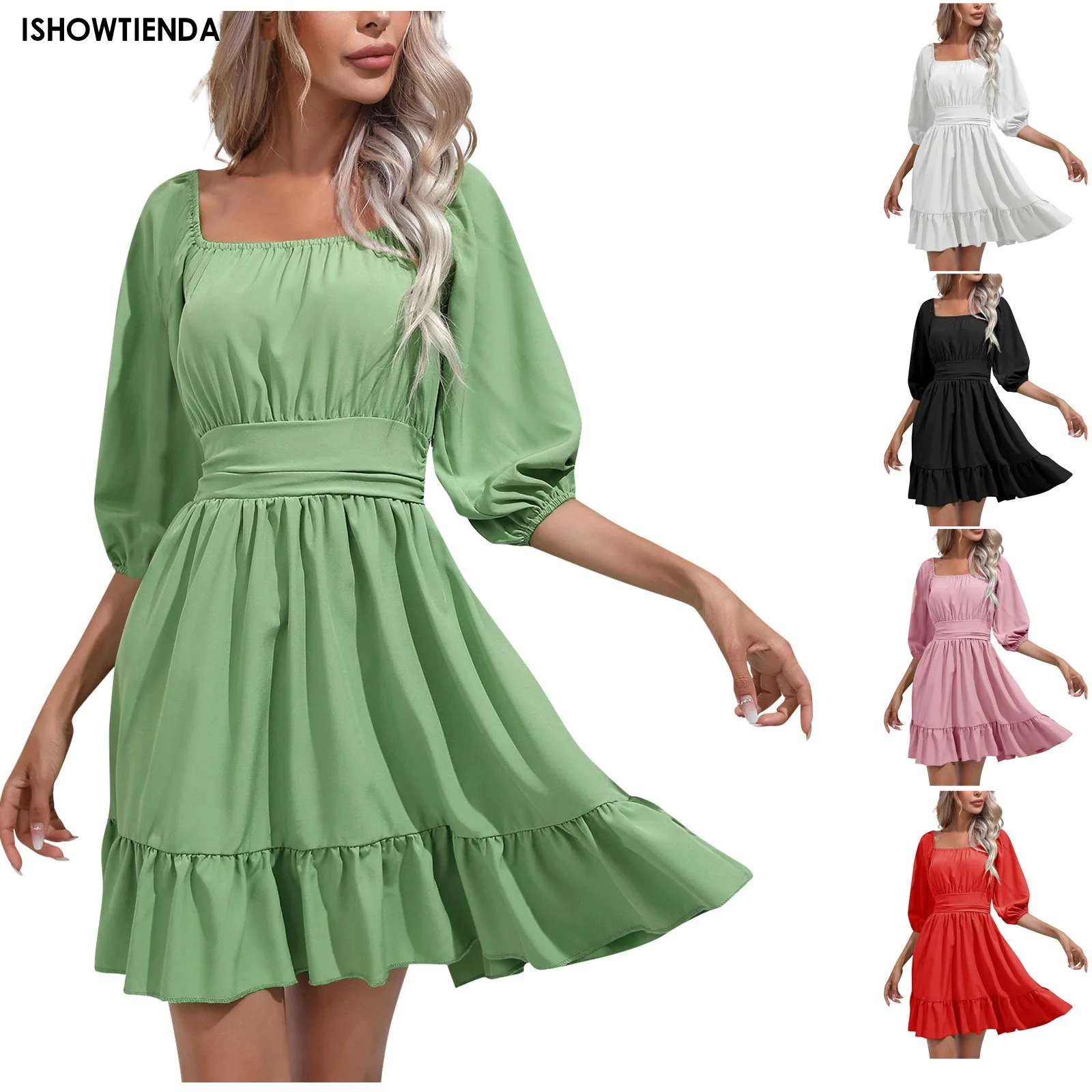 Summer Women Dresses Square Collar Bohemian Ruffles Elastic Above Knee Mini Dress Half Sleeves Vintage Gothic Dress Vestidos