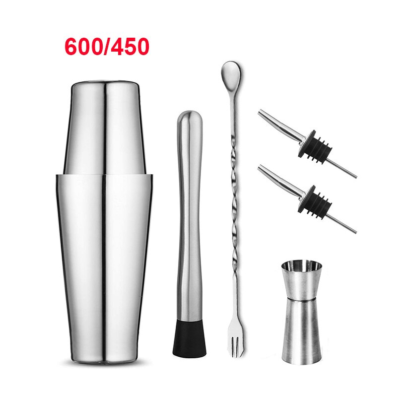 Stainless Steel Cocktail Set 550ml/750ml Cocktail Shaker Set with Muddler Jigger Bar Spoon Ice Tong Bartender Kit Bar Set: Boston 6pcs 600x450